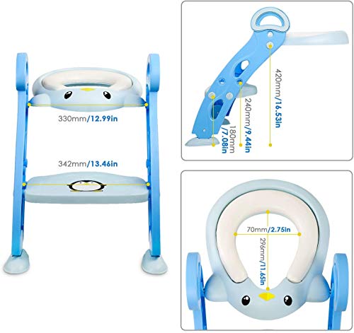 Amzdeal Aseo Asiento con Escalera, Escalera del tocador de niños, Asiento para WC plegable, Asiento para bebé con escalón ajustable y antideslizante, Orinal formación infantil, Azul