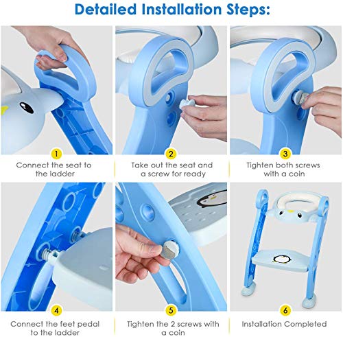 Amzdeal Aseo Asiento con Escalera, Escalera del tocador de niños, Asiento para WC plegable, Asiento para bebé con escalón ajustable y antideslizante, Orinal formación infantil, Azul