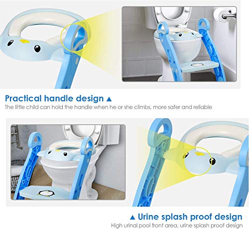 Amzdeal Aseo Asiento con Escalera, Escalera del tocador de niños, Asiento para WC plegable, Asiento para bebé con escalón ajustable y antideslizante, Orinal formación infantil, Azul