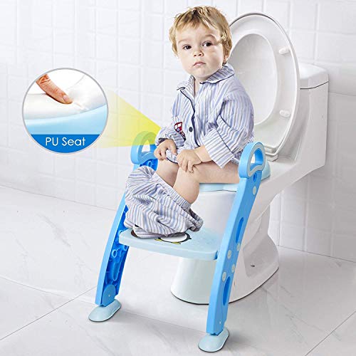Amzdeal Aseo Asiento con Escalera, Escalera del tocador de niños, Asiento para WC plegable, Asiento para bebé con escalón ajustable y antideslizante, Orinal formación infantil, Azul