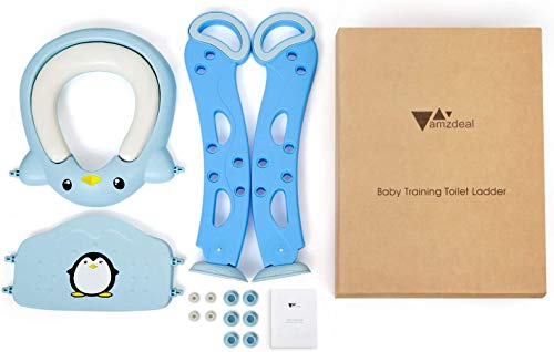 Amzdeal Aseo Asiento con Escalera, Escalera del tocador de niños, Asiento para WC plegable, Asiento para bebé con escalón ajustable y antideslizante, Orinal formación infantil, Azul