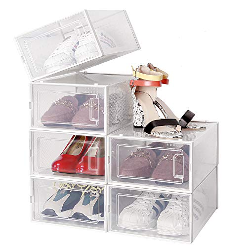Amzdeal Cajas de Zapatos Plásticas 6 Pcs - Organizador de Zapatos Duradero y Apilable, 100% Impermeable, Caja de Almacenamiento Plegable, Más Ordenado, para Zapatos de Hombres y Mujeres 35*25*18.7cm