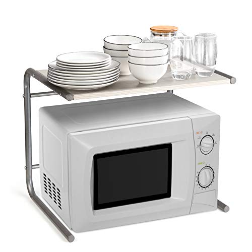 Amzdeal Estante de cocina, Estantería de microondas de la cocina, Estante de almacenamiento de acero inoxidable y madera, Soporte de microondas multifuncional (49.5x37x40.5cm)