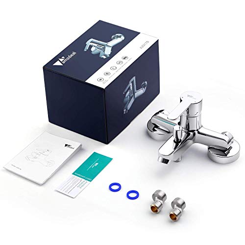 Amzdeal Grifo para baño y ducha Grifo de bañera con el Cuerpo de cobre Mezclador de baño Monomando para bañera de Mango de aleación de titanio, Plateado