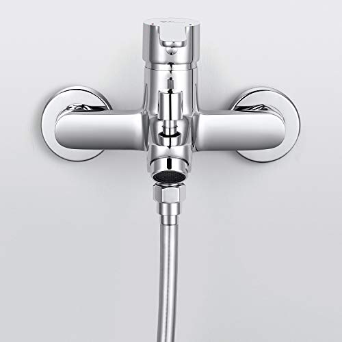 Amzdeal Grifo para baño y ducha Grifo de bañera con el Cuerpo de cobre Mezclador de baño Monomando para bañera de Mango de aleación de titanio, Plateado