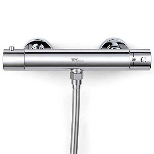 Amzdeal Grifo Termostatico Ducha, Griferia Termostatica Ducha con el Botón de Seguridad 38 ℃, Mezclador Termostático Ducha 20-50℃, Cromado / AZ014A