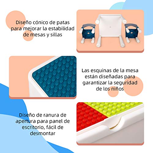 amzdeal Juego de Mesa y 2 Sillas Infantiles Mesa de Bloques para Niños Mesa de Actividades Multiusos con Bloques de partículas Grandes y Pequeños Mesa de Estudio Mesa de Comedor Mesa de Juego