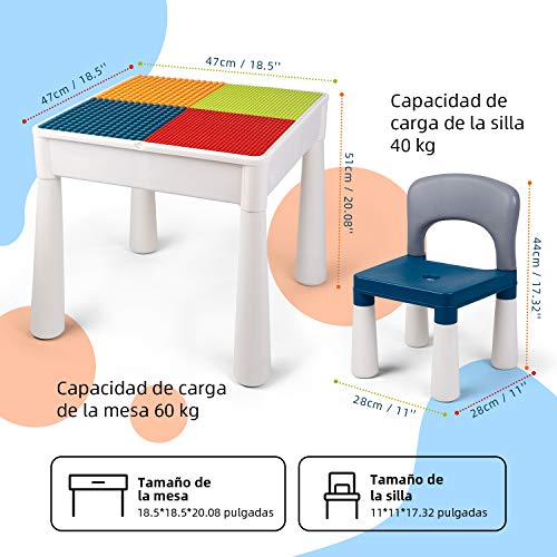 amzdeal Juego de Mesa y 2 Sillas Infantiles Mesa de Bloques para Niños Mesa de Actividades Multiusos con Bloques de partículas Grandes y Pequeños Mesa de Estudio Mesa de Comedor Mesa de Juego