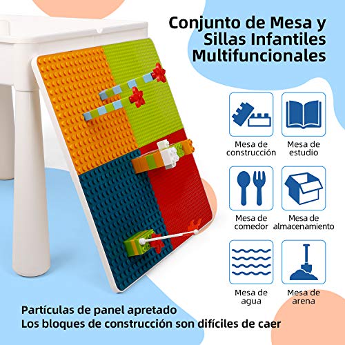 amzdeal Juego de Mesa y 2 Sillas Infantiles Mesa de Bloques para Niños Mesa de Actividades Multiusos con Bloques de partículas Grandes y Pequeños Mesa de Estudio Mesa de Comedor Mesa de Juego