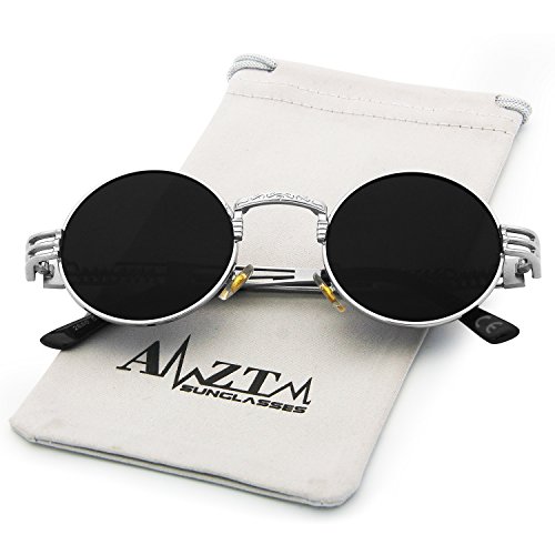 AMZTM Gafas de Sol Retro Steampunk Reflejado Gafas Redondo Vendimia Hippie para Mujer Y Hombre Lente Polarizada Marco de Metal Protección UV 400 (Plata Cuadro Gris Lente, 49)