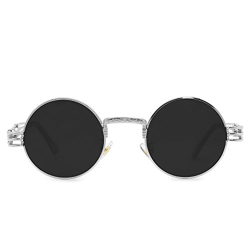 AMZTM Gafas de Sol Retro Steampunk Reflejado Gafas Redondo Vendimia Hippie para Mujer Y Hombre Lente Polarizada Marco de Metal Protección UV 400 (Plata Cuadro Gris Lente, 49)