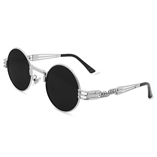 AMZTM Gafas de Sol Retro Steampunk Reflejado Gafas Redondo Vendimia Hippie para Mujer Y Hombre Lente Polarizada Marco de Metal Protección UV 400 (Plata Cuadro Gris Lente, 49)