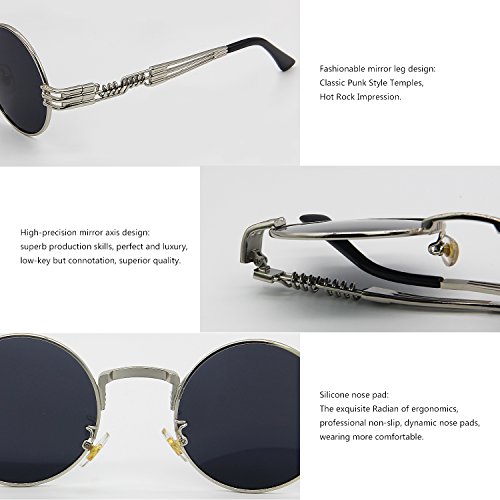 AMZTM Gafas de Sol Retro Steampunk Reflejado Gafas Redondo Vendimia Hippie para Mujer Y Hombre Lente Polarizada Marco de Metal Protección UV 400 (Plata Cuadro Gris Lente, 49)