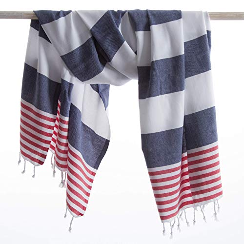 ANATURES Toallas De Playa - De Hammam 95x185cm Marina | Prelavado - Oeko-Tex® - Algodón Orgánico Peinado - Toalla De Baño - Fouta para Sauna en Muchos Colores Pareo XXL (Azul Marino/Rojo)