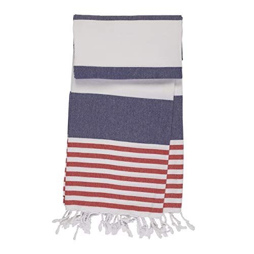ANATURES Toallas De Playa - De Hammam 95x185cm Marina | Prelavado - Oeko-Tex® - Algodón Orgánico Peinado - Toalla De Baño - Fouta para Sauna en Muchos Colores Pareo XXL (Azul Marino/Rojo)