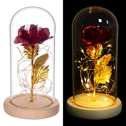 ANBET Hoja de Oro 24K Rosa en Cubierta de Vidrio, Bella y la Bestia Rose en Glass Dome Rosa eterna LED Light para el Regalo de Bodas de Aniversario de San Valentín
