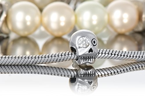 Andante-Stones - original, plata de ley 925 sólida, cuenta de plata VANITAS Calavera y tibias cruzadas con una circonia, elemento bola para cuentas European Beads + saco de organza