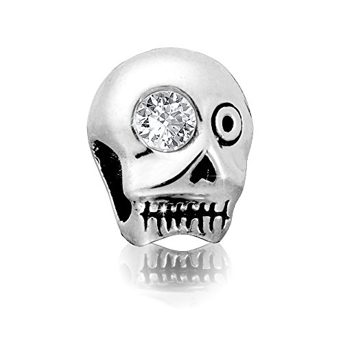 Andante-Stones - original, plata de ley 925 sólida, cuenta de plata VANITAS Calavera y tibias cruzadas con una circonia, elemento bola para cuentas European Beads + saco de organza