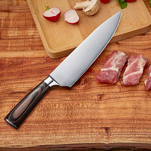 Anhichef Set de Cuchillos de Cocina, Cuchillos de Cocina Damasco Profesionales 20cm + Cuchillo Santoku Japones 18cm, Acero Inoxidable Alemán de Alto Carbono,Mango Ergonómico