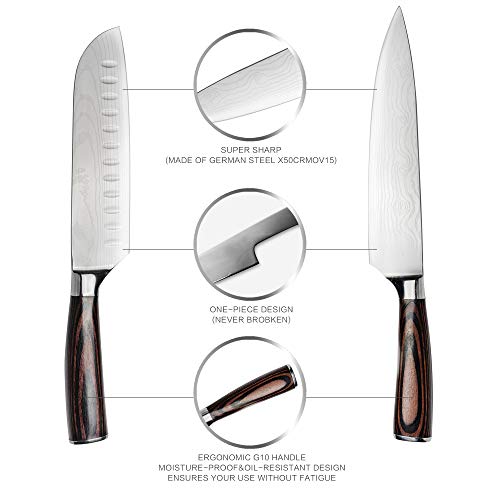 Anhichef Set de Cuchillos de Cocina, Cuchillos de Cocina Damasco Profesionales 20cm + Cuchillo Santoku Japones 18cm, Acero Inoxidable Alemán de Alto Carbono,Mango Ergonómico