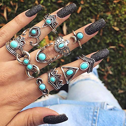 Anillo de Aleación,Vintage Punk étnico Cristal Plata Anillos Juegos para Mujeres Anillo de nudillo Sello Conjunto Con,Cuatro Estilos Diferentes, 46 Anillos.