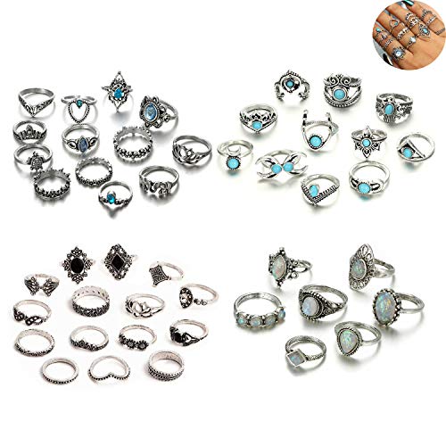 Anillo de Aleación,Vintage Punk étnico Cristal Plata Anillos Juegos para Mujeres Anillo de nudillo Sello Conjunto Con,Cuatro Estilos Diferentes, 46 Anillos.
