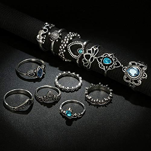 Anillo de Aleación,Vintage Punk étnico Cristal Plata Anillos Juegos para Mujeres Anillo de nudillo Sello Conjunto Con,Cuatro Estilos Diferentes, 46 Anillos.
