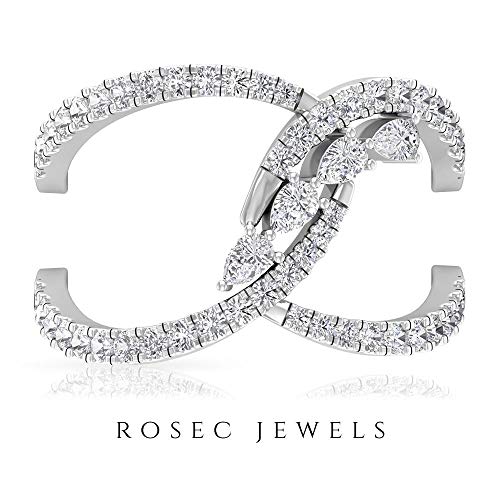 Anillo de diamante HI-SI de 0,86 ct, anillo abierto de vástago derramado, anillo de compromiso único, anillo de cóctel antiguo, anillo de boda nupcial, regalo para esposa, 14K Oro blanco, Size:EU 60