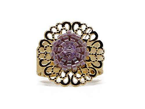 Anillo flor de latón dorado fino oro 24 quilates de perlas malva lila pastel Japonés 20 mm ajustable fiesta de navidad de las madres abuelas regalo personalizado cumpleaños san Valentín amante gracias