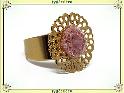Anillo ROSA flor de latón dorado fino oro 24 quilates de perlas rosa pastel Japonés 20 mm ajustable fiesta de navidad de las madres abuelas regalo personalizado cumpleaños san Valentín amante gracias