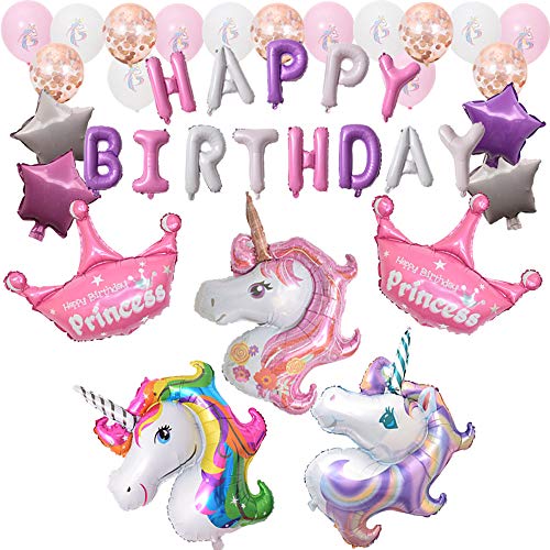 Ánimo Globo Unicornio para Fiesta,Paquete completo incluye Unicornio Grande x3 Corona Plus x2 Pelotas Unicornios x15 y Estrellas x4 con x13 Letras de Happy Birthday.Regalo Ideal para Decorar Un Cumple