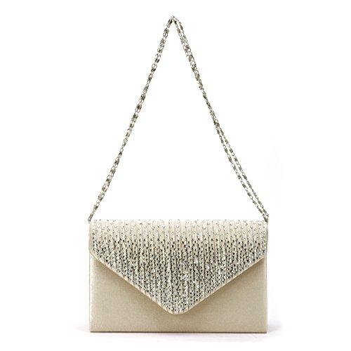 Anladia - Cartera de Mano para Mujer Bolso de Fiesta Boda Salidas Bolso de Satén tipo clutch Color Plateado Negro Beis (Beis)