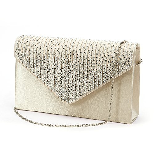 Anladia - Cartera de Mano para Mujer Bolso de Fiesta Boda Salidas Bolso de Satén tipo clutch Color Plateado Negro Beis (Beis)