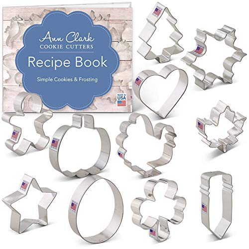 Ann Clark Cookie Cutters Juego de 11 cortadores de galletas para todas las estaciones con libro de recetas, calabaza, pavo, estrella, trébol, huevo de Pascua, hombre de jengibre y más