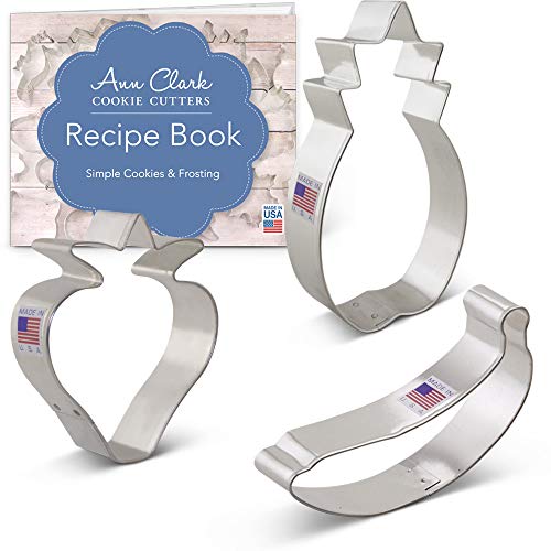 Ann Clark Cookie Cutters Juego de 3 cortadores de galletas fruta con libro de recetas, fresa, plátano y piña
