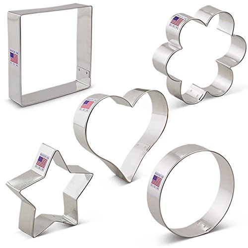 Ann Clark Cookie Cutters Juego de 5 cortadores de galletas básicos con libro de recetas, estrella, corazón, círculo, cuadrado y flor