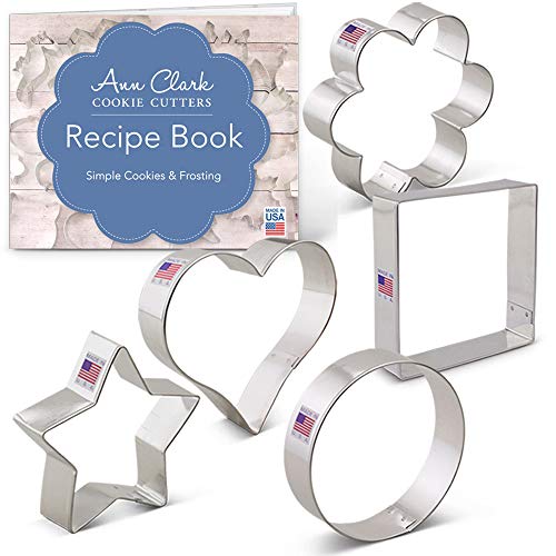 Ann Clark Cookie Cutters Juego de 5 cortadores de galletas básicos con libro de recetas, estrella, corazón, círculo, cuadrado y flor