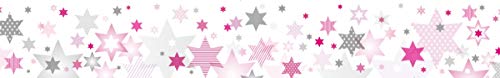 anna wand Design Cenefa Infantil Adhesiva, diseño de Estrellas „Stars 4 Girls” Rosa y Gris, 450 x 11,5 cm