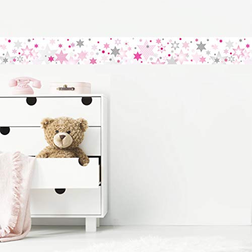 anna wand Design Cenefa Infantil Adhesiva, diseño de Estrellas „Stars 4 Girls” Rosa y Gris, 450 x 11,5 cm