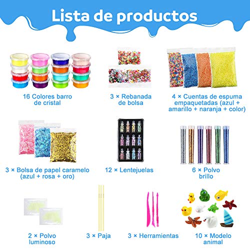Anpro 16 Colores DIY Slime Kit,46 Accesorios,Kit Manualidades para Adultos y Niños, Manualidades de Bricolaje con Polvo Luminoso, Lentejuelas, Bolas de Espuma, Arcilla de Cristal Estirable