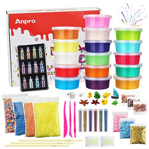 Anpro 16 Colores DIY Slime Kit,46 Accesorios,Kit Manualidades para Adultos y Niños, Manualidades de Bricolaje con Polvo Luminoso, Lentejuelas, Bolas de Espuma, Arcilla de Cristal Estirable