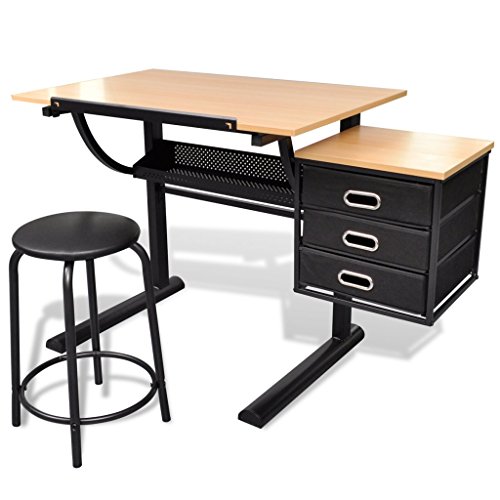 Anself - Mesa De Dibujo con Cajones Y Taburete, Escritorio Inclinable con Silla Y Tablero para Pintar Escribir