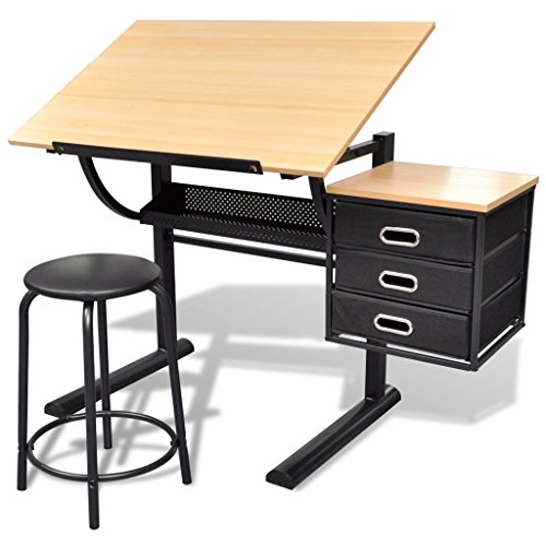 Anself - Mesa De Dibujo con Cajones Y Taburete, Escritorio Inclinable con Silla Y Tablero para Pintar Escribir