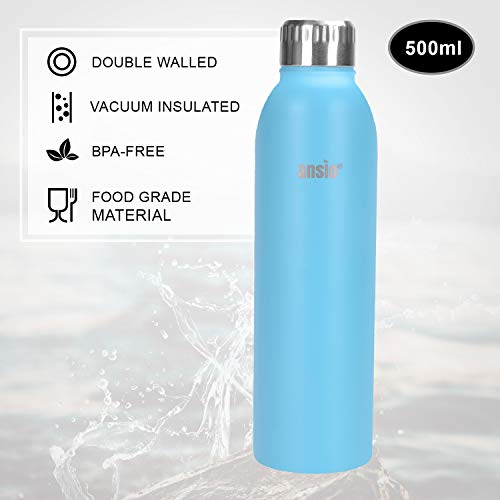 ANSIO Botella de Agua, Frasco de vacío y Botella de Agua de Acero Inoxidable Botella de Bebidas con Aislamiento Doble Pared Botella de Agua Caliente y fría sin BPA al Aire Libre - 500ML -Agua