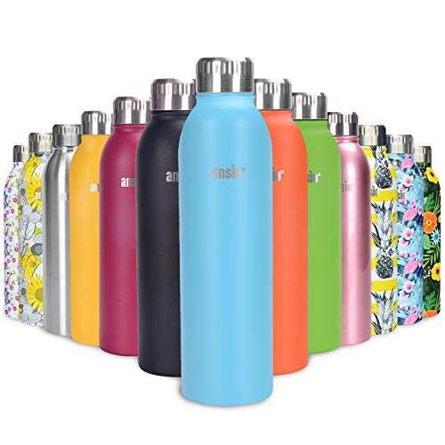 ANSIO Botella de Agua, Frasco de vacío y Botella de Agua de Acero Inoxidable Botella de Bebidas con Aislamiento Doble Pared Botella de Agua Caliente y fría sin BPA al Aire Libre - 500ML -Agua