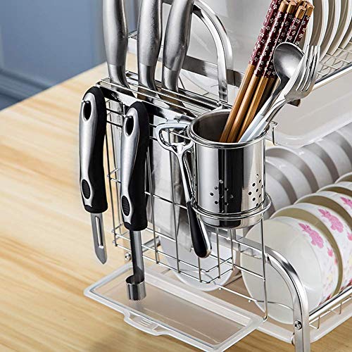 Antióxido 2-Tier Desague ESCURREPLATOS, armario de la cocina Cubiertos Estante de almacenamiento con los palillos/Cuchillos/corte del soporte for la bandeja de goteo Junta Cubiertos Racks Bandejas