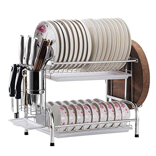 Antióxido 2-Tier Desague ESCURREPLATOS, armario de la cocina Cubiertos Estante de almacenamiento con los palillos/Cuchillos/corte del soporte for la bandeja de goteo Junta Cubiertos Racks Bandejas