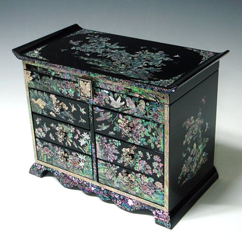 Antique Alive Jewellery Box Madre de Perla Niña asiático Laca Negro de Madera Joyas Anillo Joya Regalo Recuerdo Joyero Tesoro cajón Caja Pecho Funda Soporte Organizador con Flor y pájaro