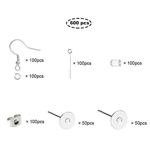 Anyasen nganches para pendientes kit 600pcs ganchos para pendientes de acero Chapados Plata Pendientes Ganchos con Tapones de Goma de Pendiente y Postes de Pendientes de Acero Inoxidable