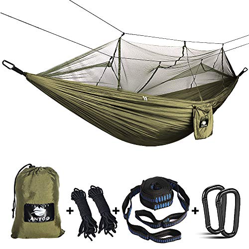 Anyoo Hamaca para Acampar con mosquitero Cama de Tela de Nylon de Paracaida Ligera Portatil para Viajar Excursionismo Mochilero de Viaje Cuerdas y Mosquetones Incluidos